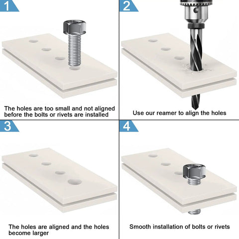 Four-step process using Heavy Duty One Inch HSS Reamer Drill Bit For Steel Metal Wood Tapered Bridge Reamer With One Half Inch Shank