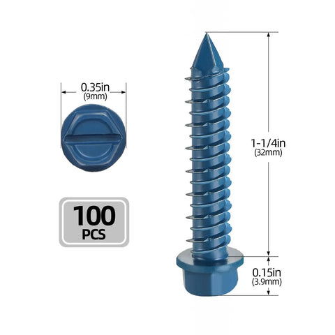 3/16 Inch By 1-1/4 Inch Hex Washer Head Concrete Screws Kit With Drill Bit And Hex Socket, 100 Pieces Blue Coated