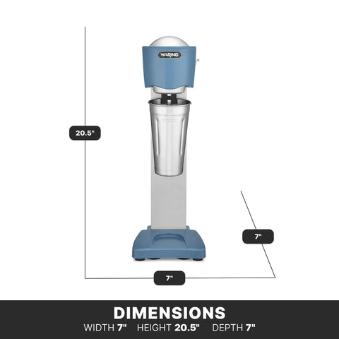 Front view of Light Duty Milkshake Maker With 1 HP Motor, Single Spindle, Two Speed Controls For Consistent Thick Shakes, dimensions shown