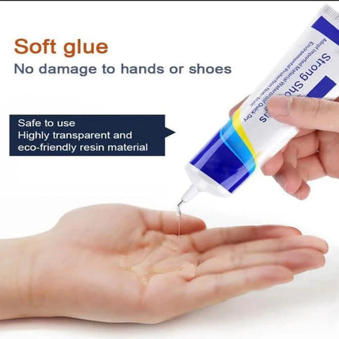 Waterproof Quick Dry Super Strong Shoe Glue For Sneakers Boots Sandals And Hiking Shoes Multi Purpose Adhesive For Fast Repairs Clear Formula With Precision Needle Tip Easy Application One Pack Sticks Like Crazy being applied to a hand with precision needle tip.