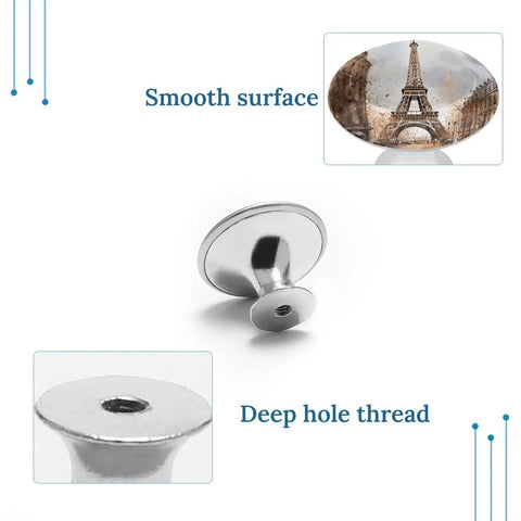 Two Pack Stainless Steel Watercolor Paris Cabinet Knobs With Screws, Built To Last Rust Resistant Drawer Pulls For Kitchen And Furniture, Smooth Grip, Premium Hardware Upgrade. Stainless steel knob with Eiffel Tower print, smooth surface