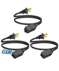Three Outlet Indoor Extension Cord Pack, 3 Ft 16 AWG Power Strip, 2 Prong Plug, Black, ETL Listed, 3 Pack displayed flat