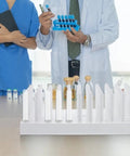 Compact Plastic Test Tube Peg Drying Rack And Laboratory Bench Organizer Straight Up Heavy Duty Science Lab Draining Stand with test tubes.