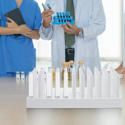 Compact Plastic Test Tube Peg Drying Rack And Laboratory Bench Organizer Straight Up Heavy Duty Science Lab Draining Stand with test tubes.