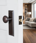 New York Style Door Knob With Plate For Interior Doors, Old School Charm Meets Modern Build in elegant room setting