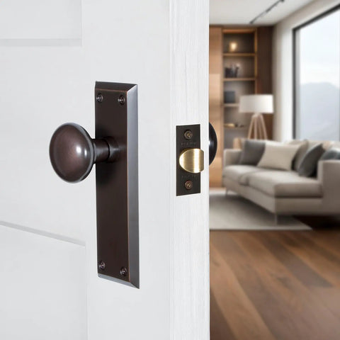 New York Style Door Knob With Plate For Interior Doors, Old School Charm Meets Modern Build in elegant room setting