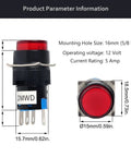 Three Pack 16mm Momentary Push Button Switches With Red LED Indicator, 12V, 5 Pin, 1NO 1NC, Round Panel Mount Button For Industrial Control And Signal Applications, Durable Plastic Housing, Easy Wiring, Pro Grade, dimensioned front and side view