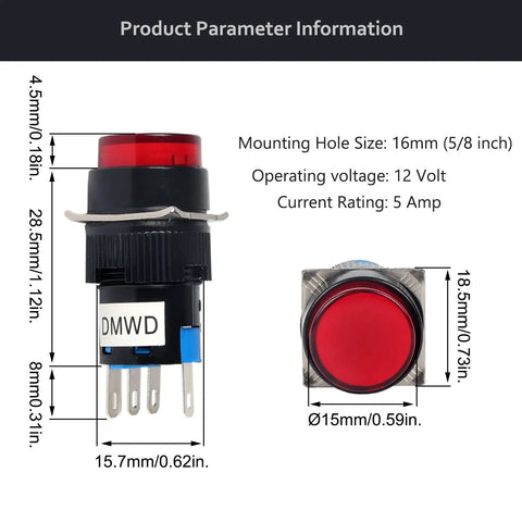 Three Pack 16mm Momentary Push Button Switches With Red LED Indicator, 12V, 5 Pin, 1NO 1NC, Round Panel Mount Button For Industrial Control And Signal Applications, Durable Plastic Housing, Easy Wiring, Pro Grade, dimensioned front and side view