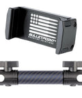 Heavy Duty Dash Mount Cell Phone Holder With Solid Carbon Fiber And Kevlar Arm For Any Smartphone iPhone Android Cradles front view, showing clamp and carbon fiber arm.