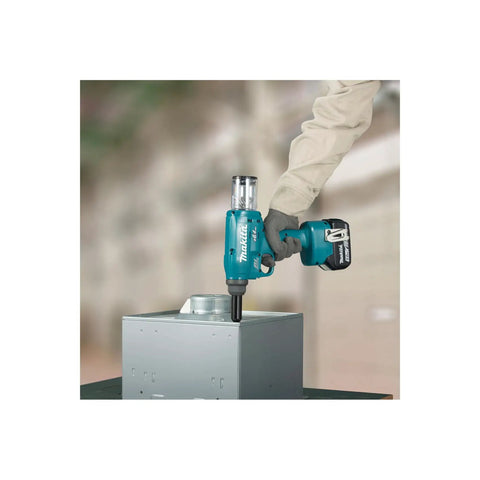 No Nonsense 18V Li Ion Brushless Rivet Gun With Compact Short Body Design for Cramped Workspaces and Knockout Pulling Power Cordless Hand Tool in use.