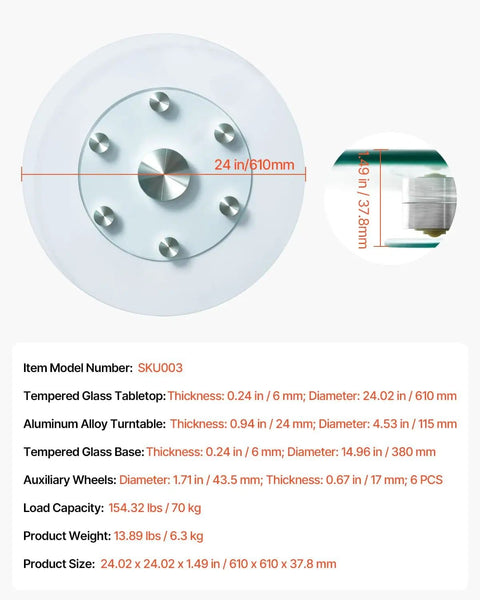 Diagram showing 24 Inch Glass Lazy Susan Turntable With 6 Rotating Wheels, 24-inch diameter, aluminum alloy bearings.