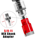 Close-up of 5/8-11 hex shank adapter in Diamond Hole Saw Kit For Tile Granite Marble Ceramic 10 Piece Drill Bit Set.