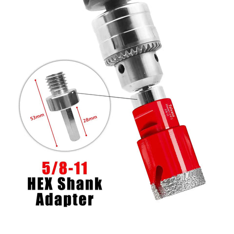 Close-up of 5/8-11 hex shank adapter in Diamond Hole Saw Kit For Tile Granite Marble Ceramic 10 Piece Drill Bit Set.