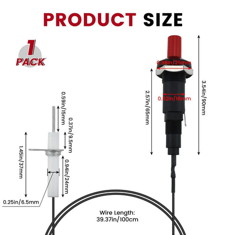 Propane Piezo Spark Ignition Kit With Push Button Igniter dimensions and wire length description, product size measurement shown