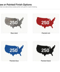 US 250 Stencil Steel Cutout Raw Metal Wall Art For Craft Projects shown in raw, red, blue, and black finishes.