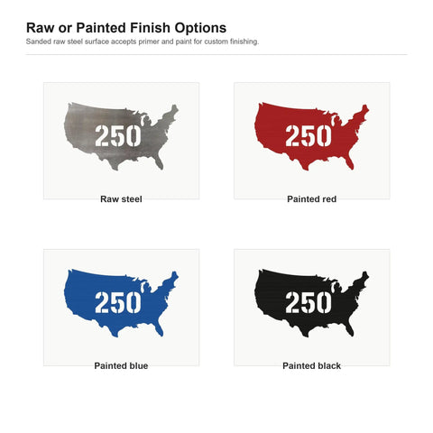 US 250 Stencil Steel Cutout Raw Metal Wall Art For Craft Projects shown in raw, red, blue, and black finishes.