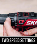 Two Tool Drill Combo Kit With Brushless 12V Drill Driver And One Quarter Inch Hex Impact Driver Includes PWR Core 12 Battery And PWR Jump Charger Compact Cordless Set For Quick Jobs Built For Power Red showing two speed settings