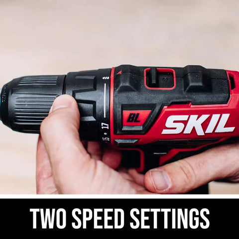 Close-up of the Badass Brushless 12V Cordless Drill showing two speed settings and grip details.