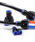 Super Cool 100 Piece Pneumatic Fittings Kit Push To Connect Air Hose Adapters For Quick Assembly With Adjustable Size Port And Elegant Black Finish Fit Perfectly For Compressors And Industrial Tools. black push-to-connect pneumatic fittings with blue rings for air tubing