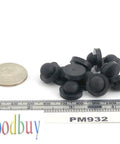 Push In Ridged SBR Rubber Bumper Foot Black, 9/16 Inch Diameter, scattered next to coin and ruler for scale, pack of 6.