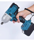 Gangsud Cordless Brushless Impact Wrench held in hand, showcasing battery design and metal housing, perfect for truck tire removal and heavy duty work.