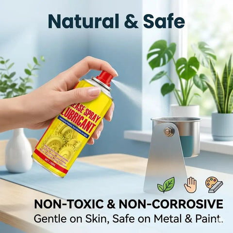 Hand using Two Pack 6.1 Ounce Anti Rust Lubricant And Rust Remover Spray on metal tool in a home setting.