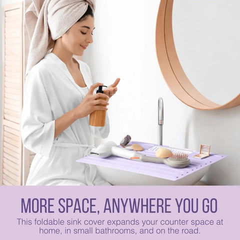 Slick Foldable Lavender Over Sink Vanity Cover Clutch Bathroom Countertop Extender Turns Your Basin Into A Seamless Vanity Area With Heat Resistant Silicone For Quick Daily Touch Ups Definite Game Changer