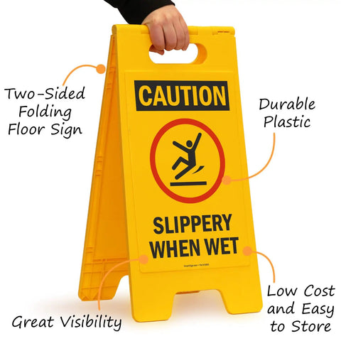 Heavy Duty Caution Slippery Floor Sign Foldable Double Sided Polypropylene Warning Plaque For Warehouses And Commercial Spaces Built Like A Tank To Outlast Heavy Daily Foot Traffic
