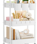 Metal 3 Tier Rolling Cart With Lockable Wheels, Heavy Duty Utility Cart For Garage Or Workshop, white, with hanging cups