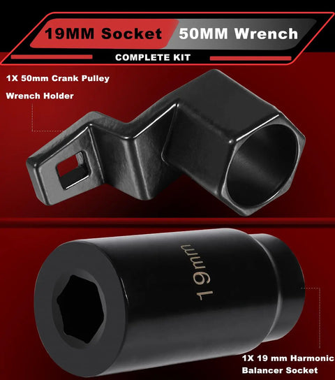19mm Harmonic Balancer Socket and 50mm Crank Pulley Wrench Holder Kit for Honda and Acura Engines, 2-pack automotive tool set.