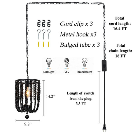 Diagram showing dimensions and components of Boho Black Wood Bead Pendant Light With Cord And Chain, Non Dimmable Hanging Lamp