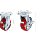 Straight Up Beefy 6 Inch Polyurethane Caster Wheels 4 Pack showing two rigid and two swivel casters side by side with measurements.