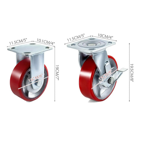 Straight Up Beefy 6 Inch Polyurethane Caster Wheels 4 Pack showing two rigid and two swivel casters side by side with measurements.