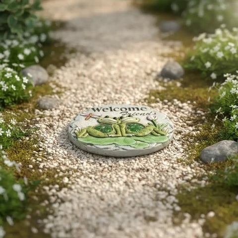Frog Garden Stepping Stone With Welcome Friends Message, 1.2 Inch Low Profile Concrete Plaque in a garden path setting