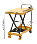 Heavy Duty 500 Lbs Hydraulic Lift Cart With Single Scissor Table Top Lifter And Universal Wheels Plus Rack For Freestanding Workshop Garage Material Handling, side view with dimensions shown.