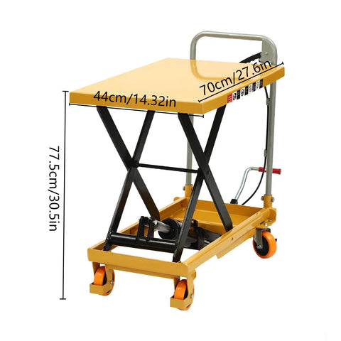 Heavy Duty 500 Lbs Hydraulic Lift Cart With Single Scissor Table Top Lifter And Universal Wheels Plus Rack For Freestanding Workshop Garage Material Handling, side view with dimensions shown.