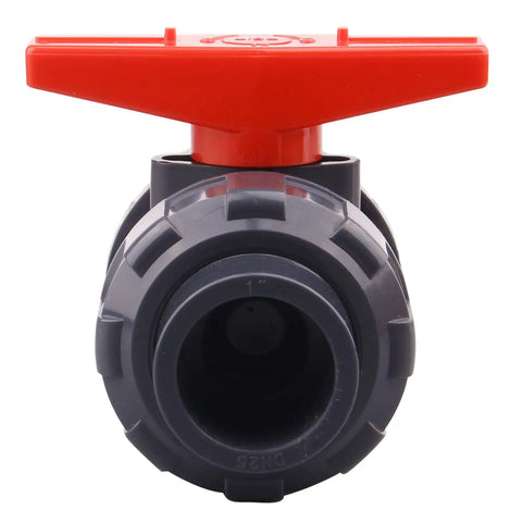 Front view of Two Pack PVC True Union Ball Valves With Full Port, EPDM O-Rings, Reversible PTFE Seats, Rated 200 PSI, 1 Inch Socket