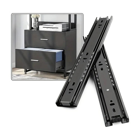 Silent Hydraulic Drawer Slides With Cold Rolled Steel, 14-Inch Three-Section Runners shown in a black cabinet setup