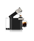 Vertuo Next Single Serve Coffee And Espresso Maker With Aeroccino Milk Frother For Quick 25 Second Heat Up And Auto Shut Off Easy One Touch Brew for coffee or espresso at home in gray, side view showing brewing process.