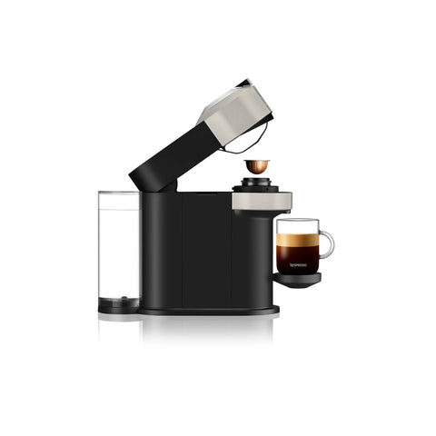 Vertuo Next Single Serve Coffee And Espresso Maker With Aeroccino Milk Frother For Quick 25 Second Heat Up And Auto Shut Off Easy One Touch Brew for coffee or espresso at home in gray, side view showing brewing process.