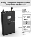 Wireless Microphone System With Headset And Lapel Mics UHF Beltpack Transmitter And Receiver 20 Channel Frequencies display
