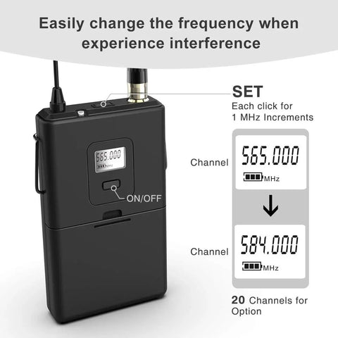 Wireless Microphone System With Headset And Lapel Mics UHF Beltpack Transmitter And Receiver 20 Channel Frequencies display