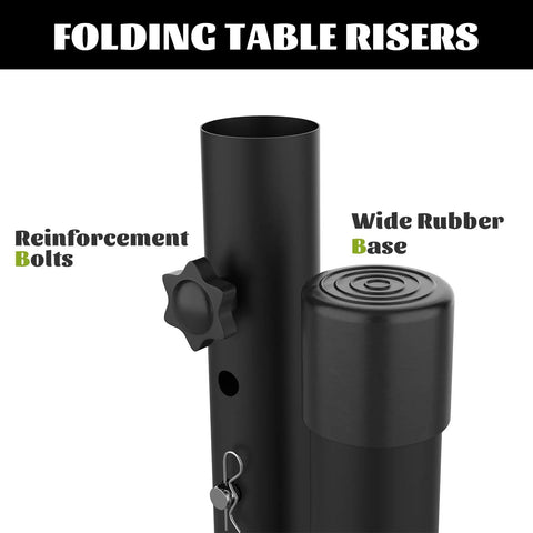Close-up of adjustable table leg extenders feature reinforcement bolts and a wide rubber base for stability. Boost Your Setup Fast With These Adjustable Table Leg Extenders For Folding Desks Heavy Duty Steel Riser Raises Your Workstation Improves Posture Kills The Backache Easy Install Solid Build Black Four Piece Kit.