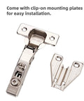 Front view of DecoBasics 2-pack full-overlay soft-close cabinet hinges with clip-on mounting plates in silver finish.