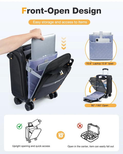 Front view of black Lekespring 16-inch softside underseat carry-on luggage with wheels and laptop inside.
