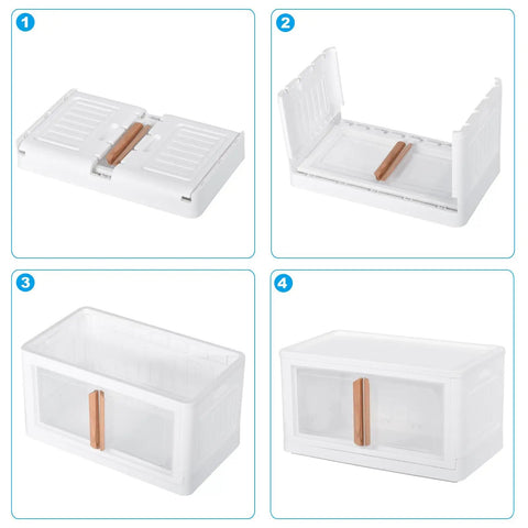 Built Tough Plastic Storage Bins With Lids 3 Pack Of Rock Solid Stackable Collapsible Containers With Clear Front Doors And Handy Roll Out Wheels For Closet Organization And Everyday Living, showing foldable setup steps.