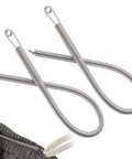 Two Pack Spring Drawstring Needle Threader Set with Easy Threader Clips, metal tool shown with grey fabric use.