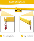 Heavy Duty Forklift Jib Boom Attachment Delivering 4400 Lb Lifting Power With Telescopic Crane Hoist And 12 Foot Reach, showing double lifting hooks.