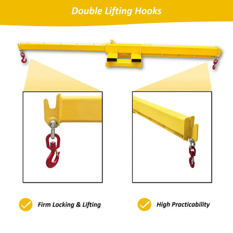 Heavy Duty Forklift Jib Boom Attachment Delivering 4400 Lb Lifting Power With Telescopic Crane Hoist And 12 Foot Reach, showing double lifting hooks.