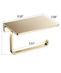 Solid Brass Toilet Paper Holder With Gold Finish, Hotel Style Tissue Roll Holder Plus Built In Cell Phone Shelf, Rust Resistant, dimensions shown